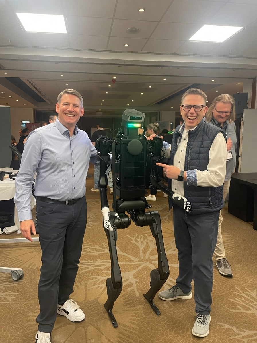 Jens Müller at a humanoid robotics event, industry networking and robot demonstrations